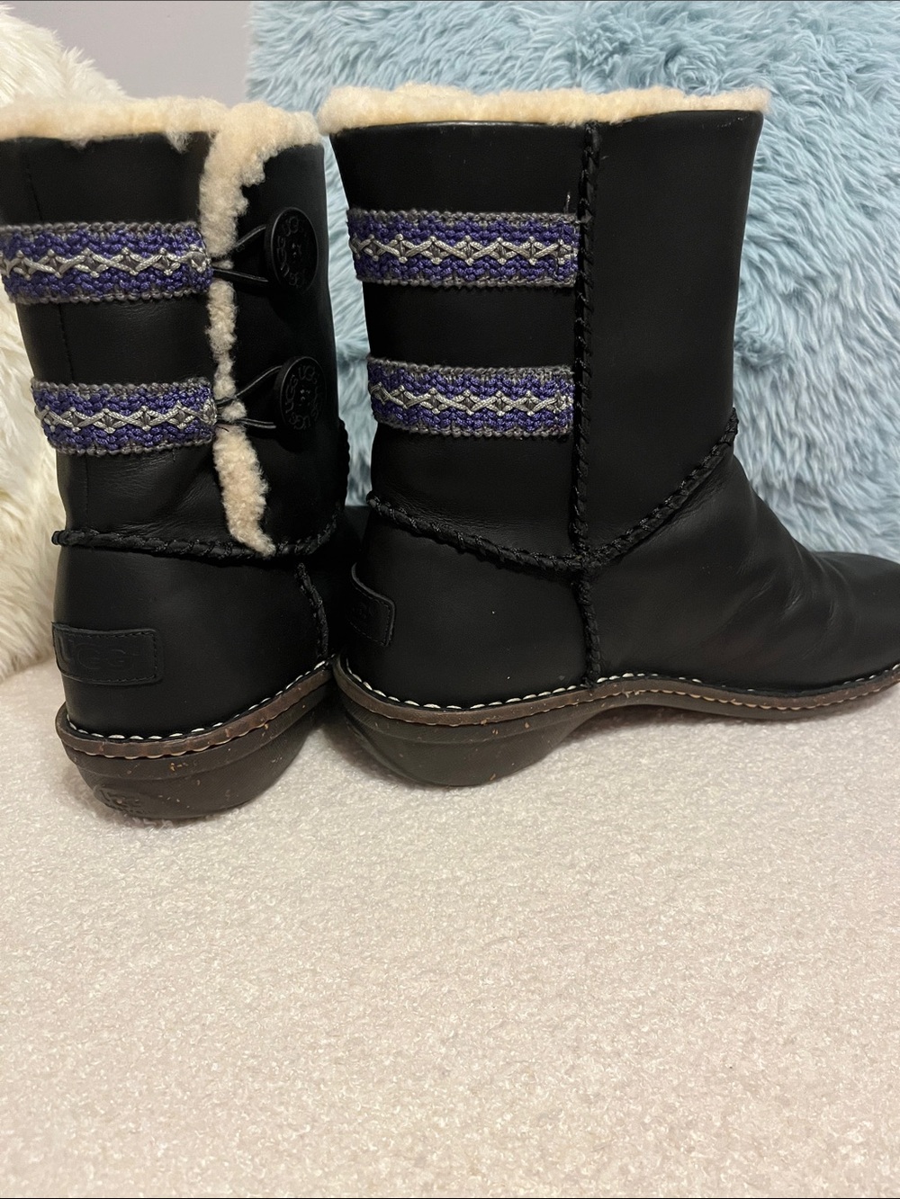 UGG Black Leather Shearling Winter Boots with Purple Trim